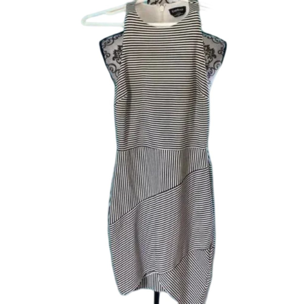 Bebe Black White Striped Asymetric Bodycon Dress XS